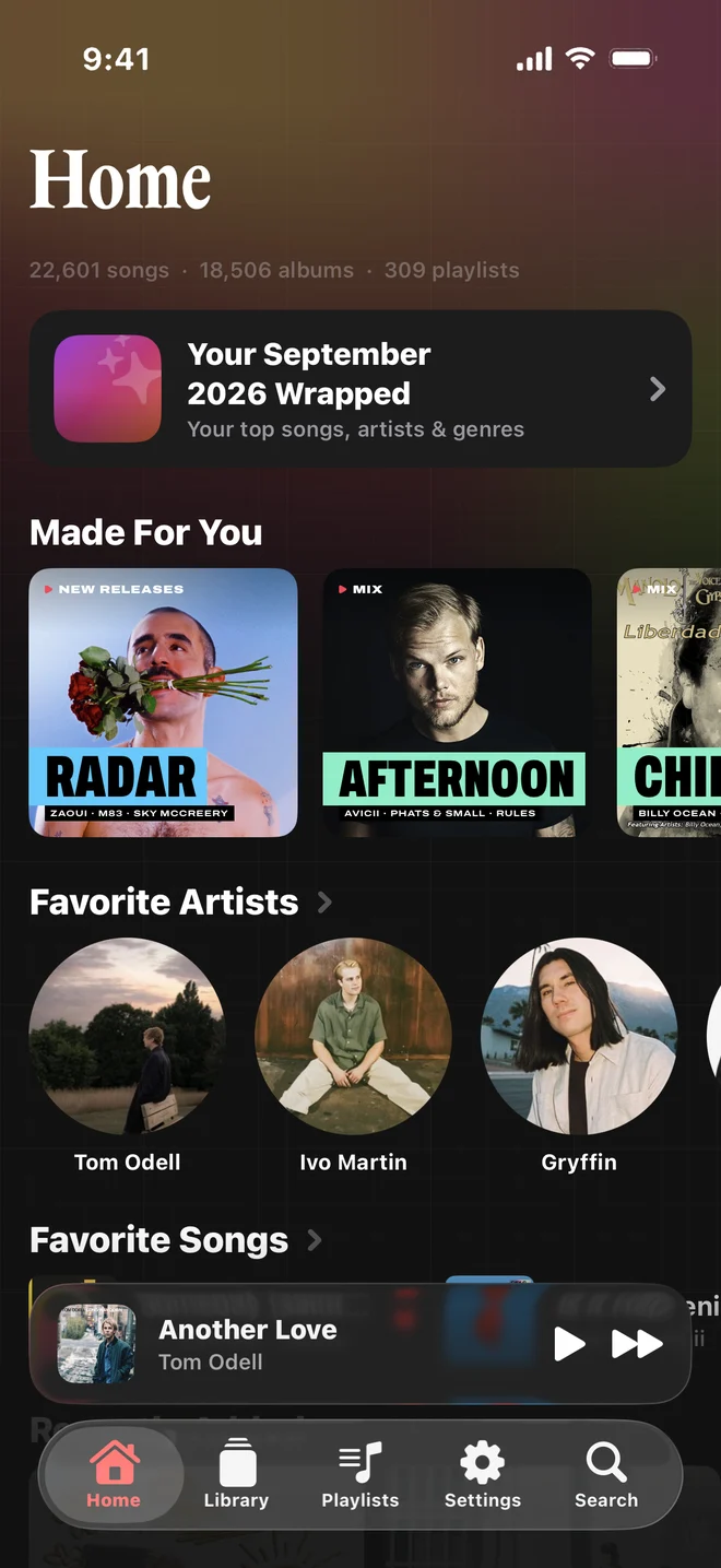 Aura’s Home: the library’s counts, a link to Made For You mixes with their covers, favourite artists and songs, and the mini player above the tab bar