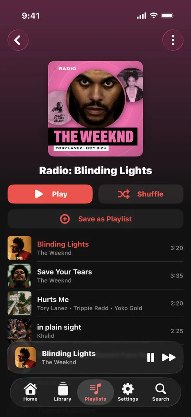 A radio in Aura: its cover shows the seed artist in a disc with two similar artists beside it, with Play, Shuffle and Save as Playlist above the radio’s songs